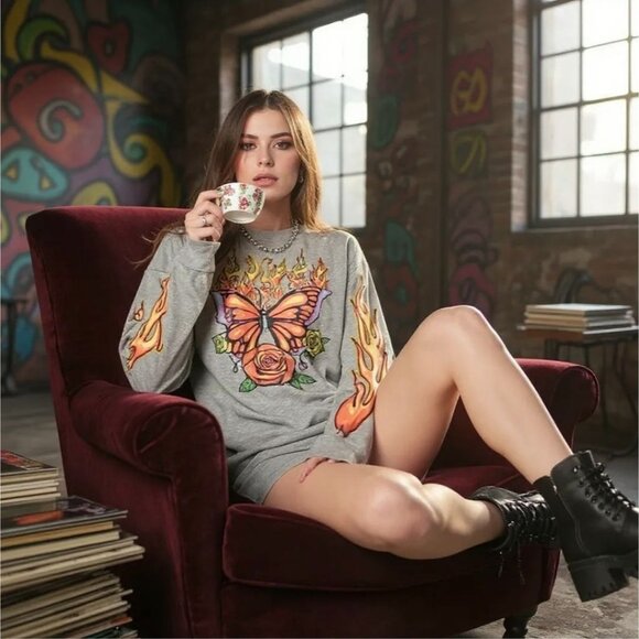 Angst & Anarchy Oversized Graphic Tee w/ Butterfly & Flame Sleeves by Delia*s L - Picture 3 of 3